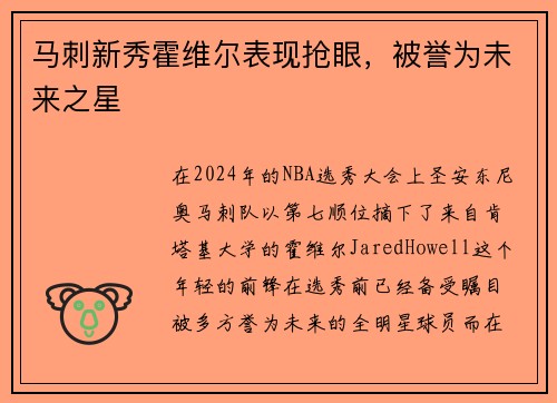 马刺新秀霍维尔表现抢眼，被誉为未来之星